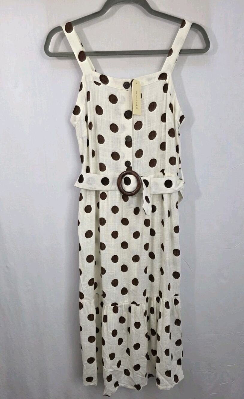 NWT Sz L Monteau LA Cream & Brown Polka Dot Sun Summer Dress W/Belt Linen Blend
